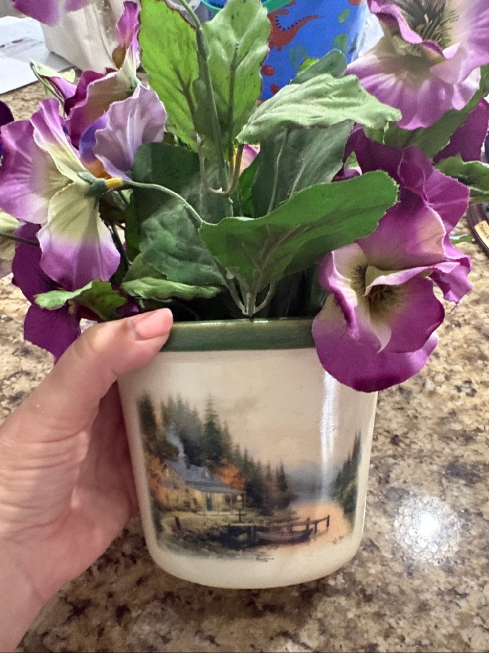 Thomas Kinkade Cream and Black Ceramic Planter with Lamp Emblem